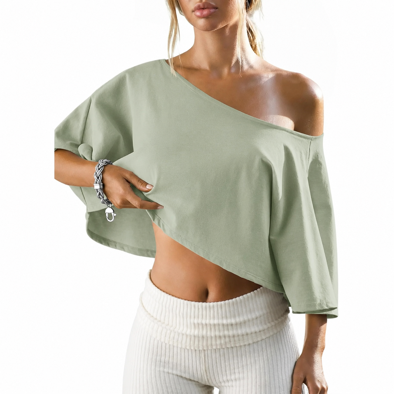 Women's Cotton Off-Shoulder Crop Top – Loose Batwing Sleeve Asymmetrical Neck Casual Tee for Summer, Lounge & Everyday Wear