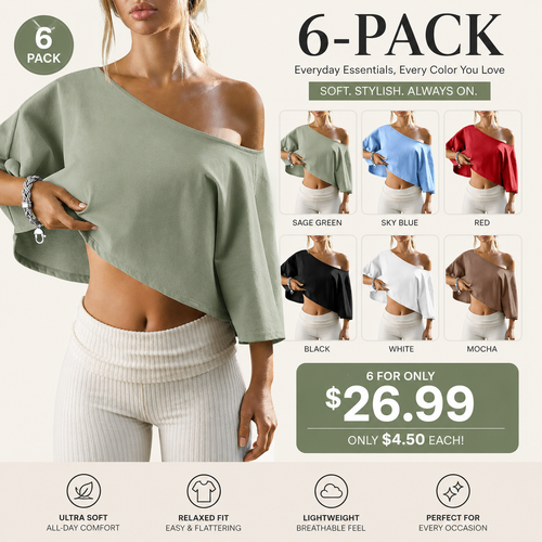 Women's Cotton Off-Shoulder Crop Top – Loose Batwing Sleeve Asymmetrical Neck Casual Tee for Summer, Lounge & Everyday Wear