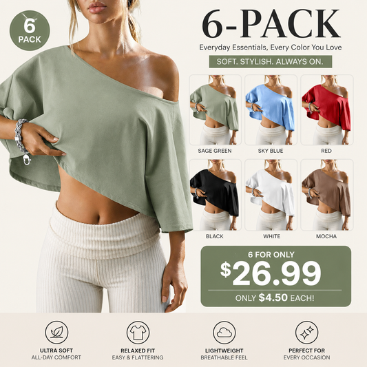 Women's Cotton Off-Shoulder Crop Top – Loose Batwing Sleeve Asymmetrical Neck Casual Tee for Summer, Lounge & Everyday Wear