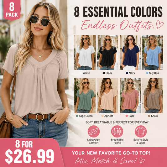 Women's Casual V Neck Short Sleeve Top – Soft Loose Fit Pleated Summer Tee
