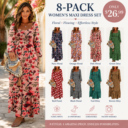 Women's Boho Floral Maxi Dress – Smocked Square Neck Long Sleeve Vacation Dress