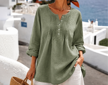 Women's Casual Pleated Henley Blouse – Long Sleeve Relaxed Fit Top
