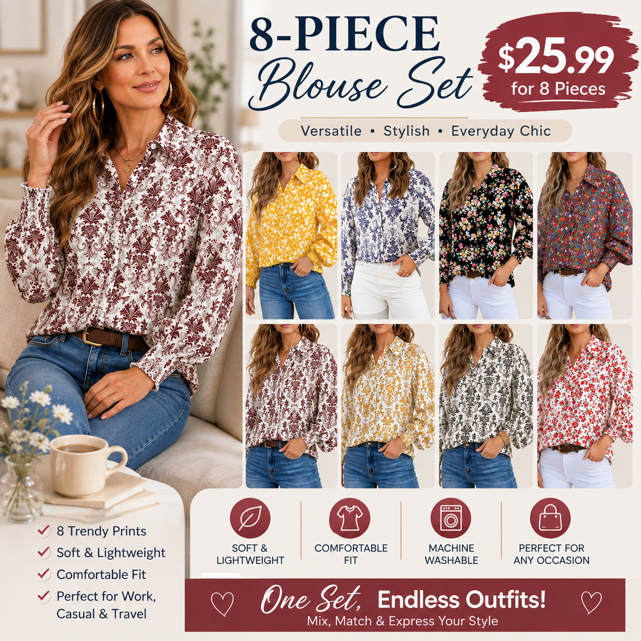 Women's Floral Chiffon Button Down Blouse – V Neck Long Sleeve Casual Boho Shirt