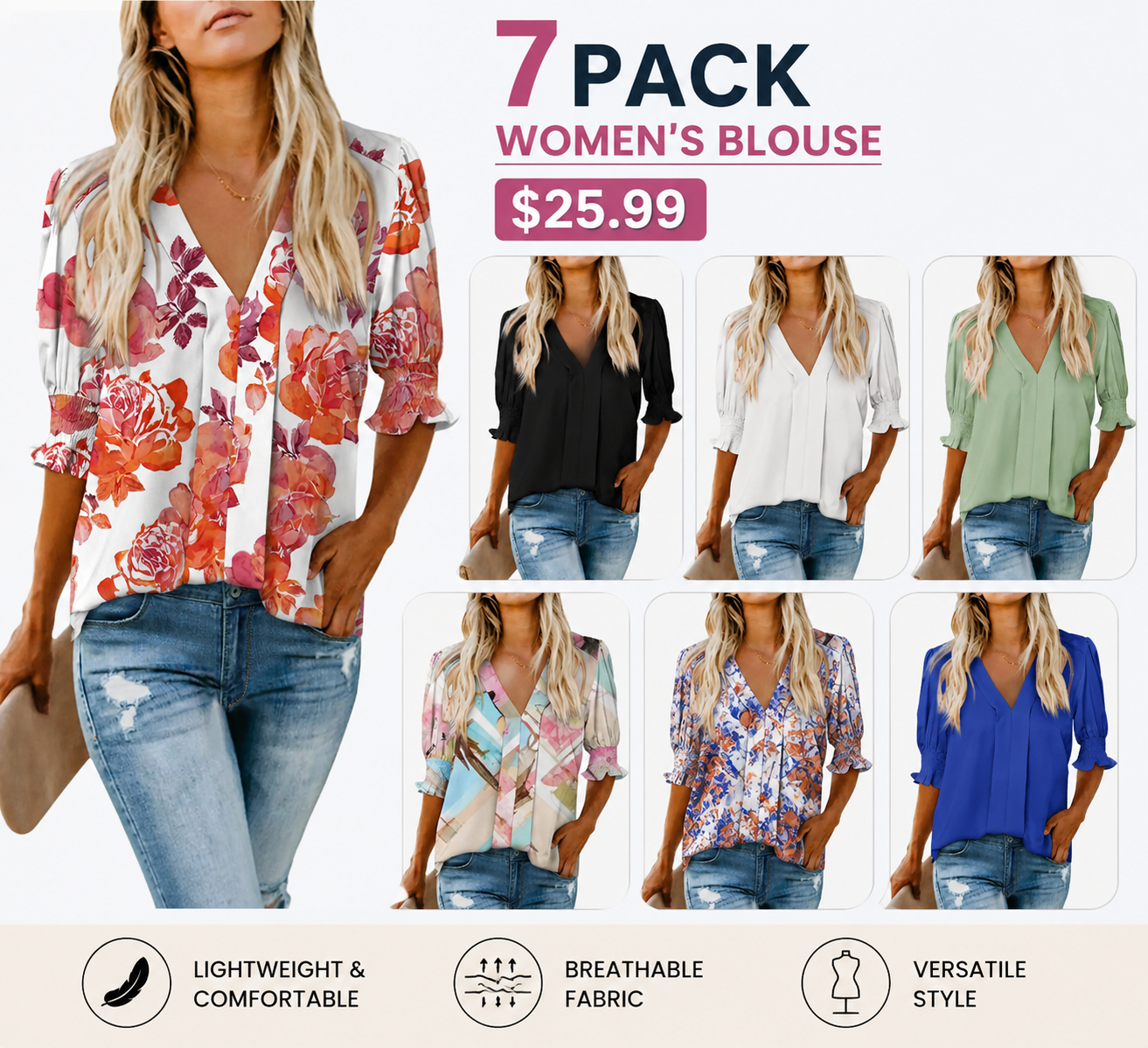Women's Lightweight Floral Blouse – Cute V-Neck Ruffle Sleeve Summer Top