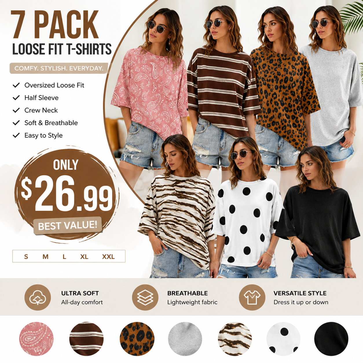 Women's Oversized Half Sleeve T-Shirt – Casual Crew Neck Loose Fit Tunic Tee, Lightweight Summer Boxy Basic Top