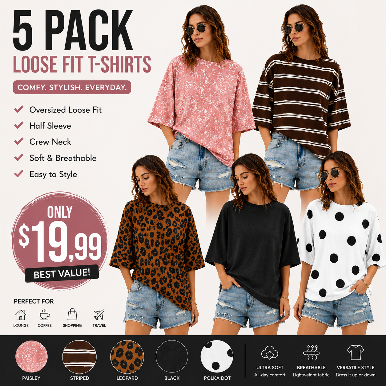 Women's Oversized Half Sleeve T-Shirt – Casual Crew Neck Loose Fit Tunic Tee, Lightweight Summer Boxy Basic Top
