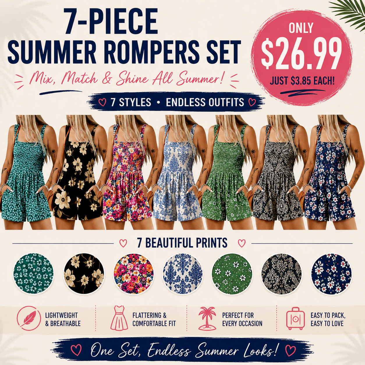 Women's Floral Smocked Romper with Pockets – Casual Sleeveless Summer One Piece Jumpsuit