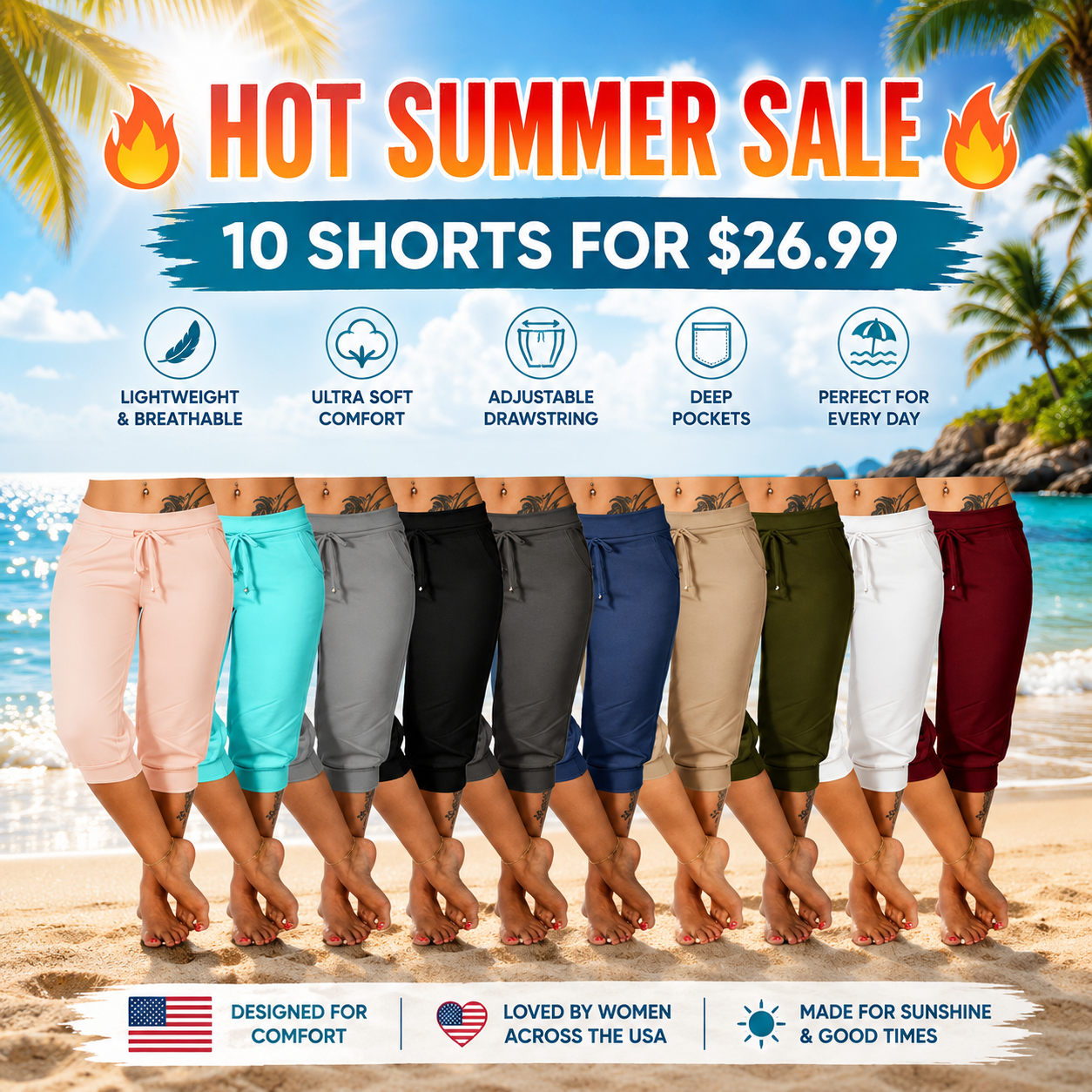 🔥Hot Summer Sale🔥Women's Drawstring Capri Pants with Pockets for Casual Comfort Wear