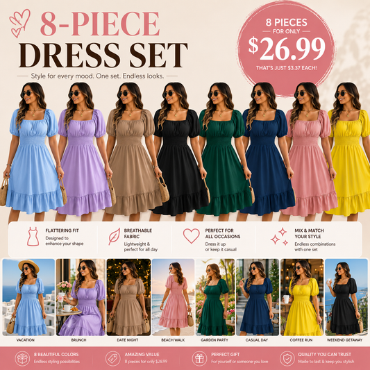 Solid Color Shirred Puff Sleeve A-Line Dress – Square Neck Ruffle Hem Summer Midi Dress for Women