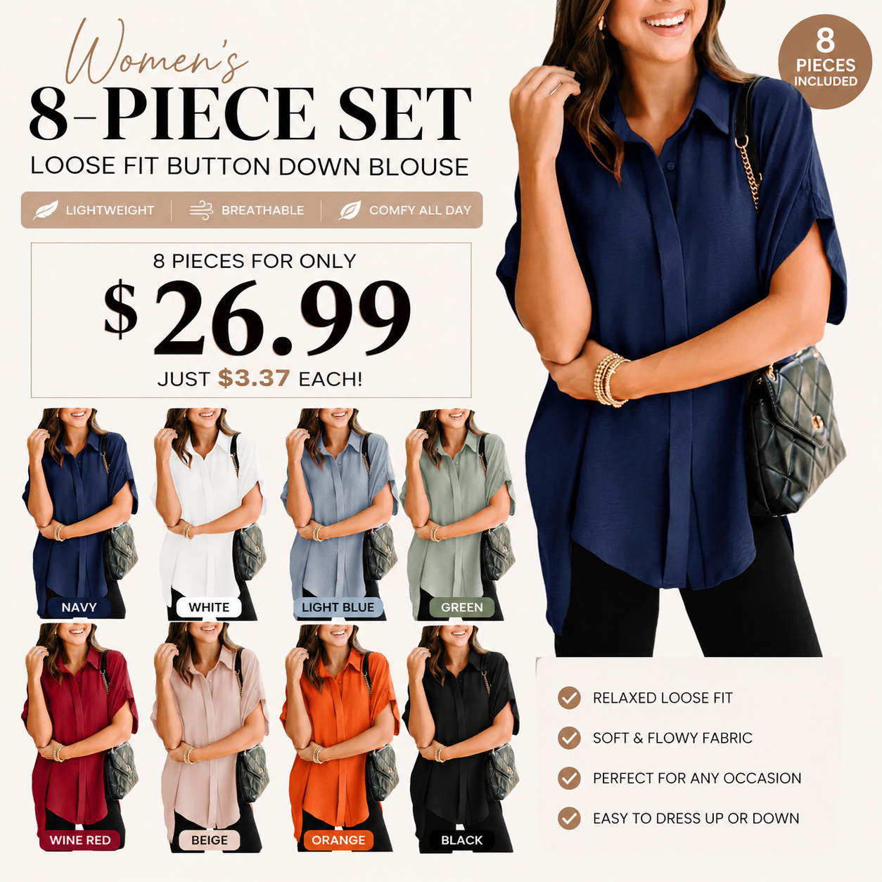 Women's V Neck Button Down Blouse – Oversized Short Sleeve Casual Top