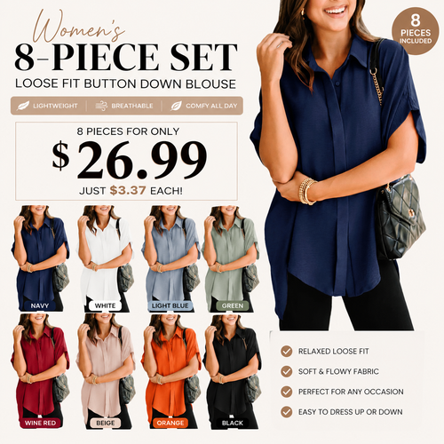 Women's V Neck Button Down Blouse – Oversized Short Sleeve Casual Top