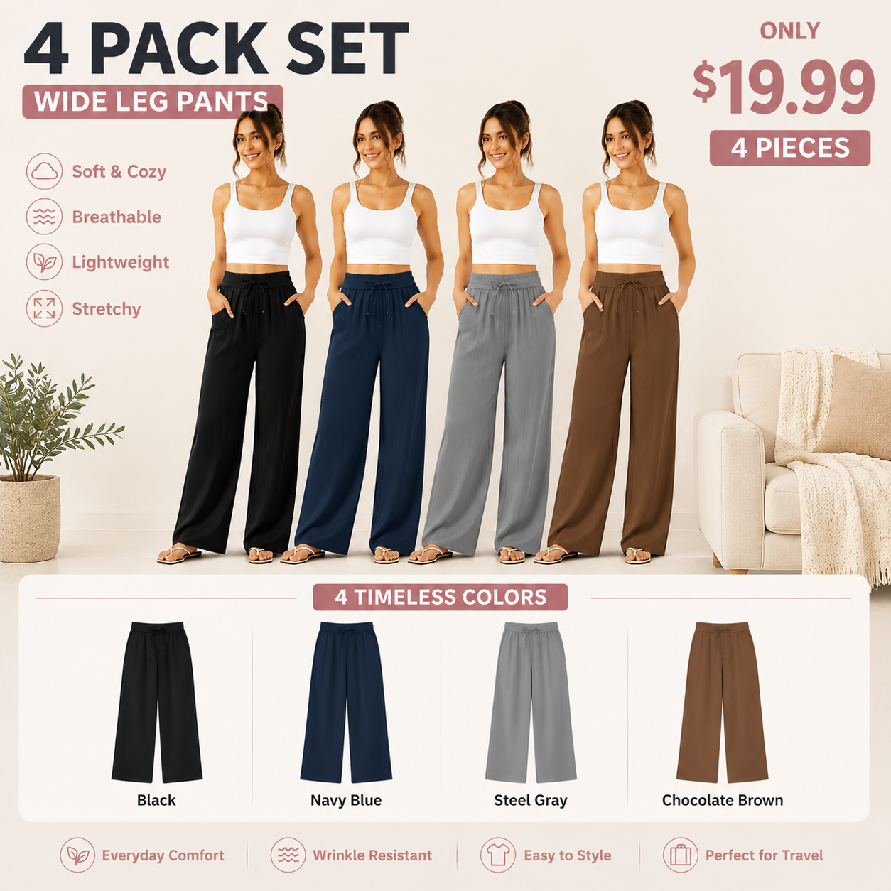 High Waisted Drawstring Pocket Wide Leg Baggy Casual Linen-Feel Pants