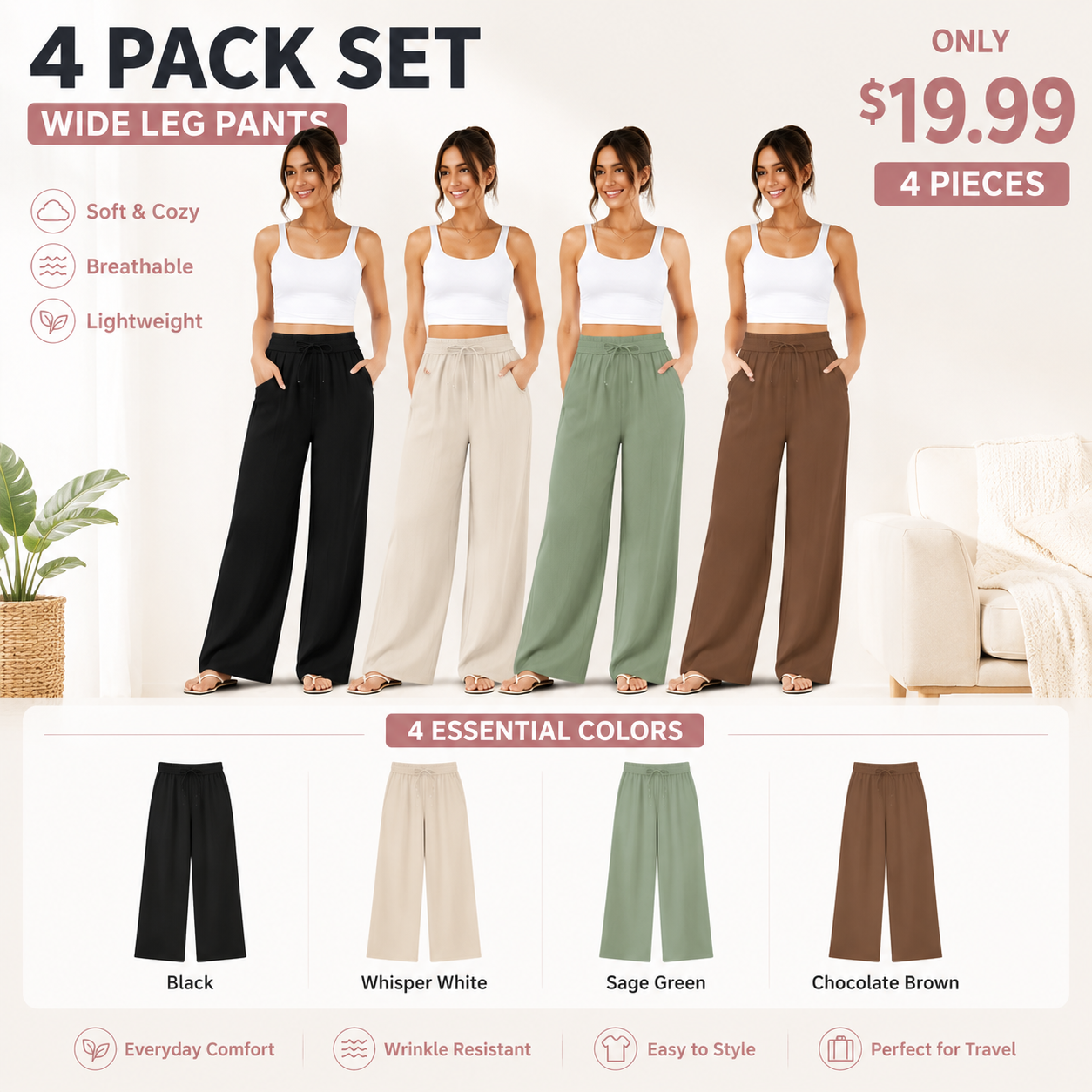 High Waisted Drawstring Pocket Wide Leg Baggy Casual Linen-Feel Pants