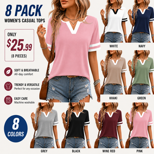 Women's Casual Notch V Neck T-Shirt Double Striped Cuff Short Sleeve Loose Fit Summer Top