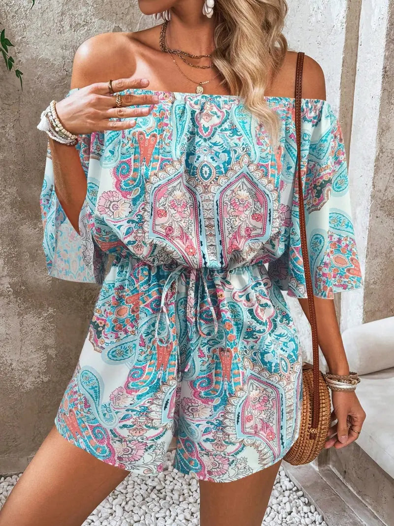 Boho Off Shoulder Romper for Women | Adjustable Tie Waist | Lightweight Summer Beach Vacation Jumpsuit