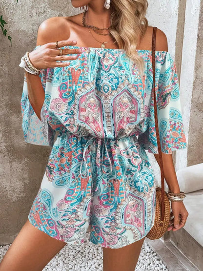 Boho Off Shoulder Romper for Women | Adjustable Tie Waist | Lightweight Summer Beach Vacation Jumpsuit