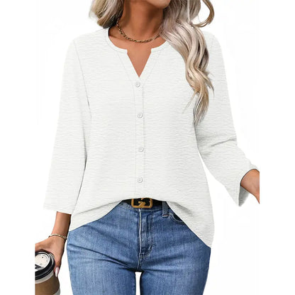 Women's V-Neck Button-Down Blouse, 3/4 Sleeve Loose Fit Business Casual Top