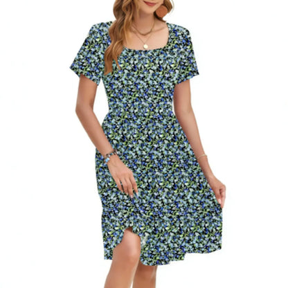 🔥Women Square Neck Floral Dress Ruffle Empire Waist A-Line Sundress with Pockets