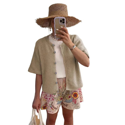 Women's Short Sleeve Knit Cardigan - Crew Neck Button Down Lightweight Ribbed Summer Layering Top