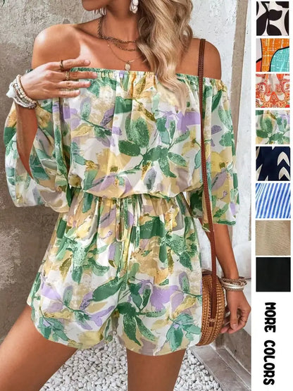 Boho Off Shoulder Romper for Women | Adjustable Tie Waist | Lightweight Summer Beach Vacation Jumpsuit