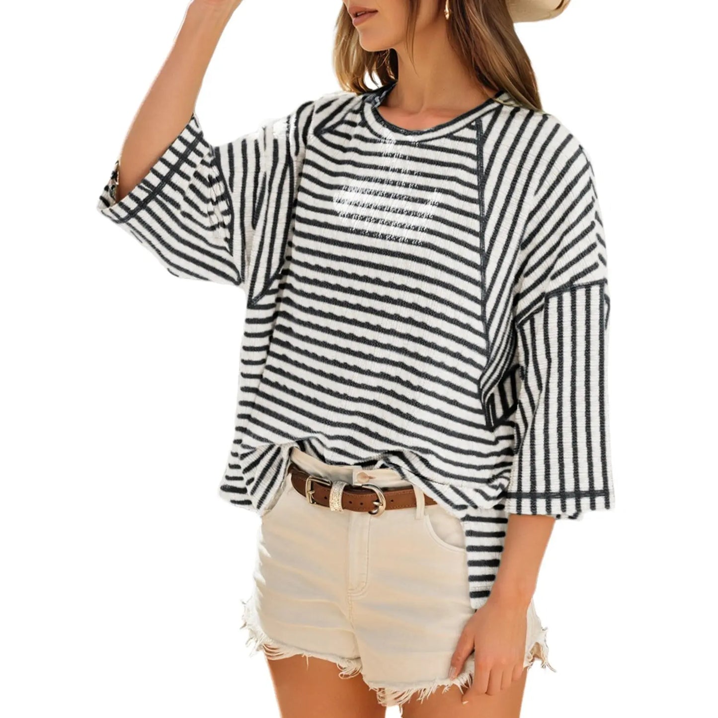 Women's Oversized Striped Color Block Tee – Soft Summer Short Sleeve Casual Top