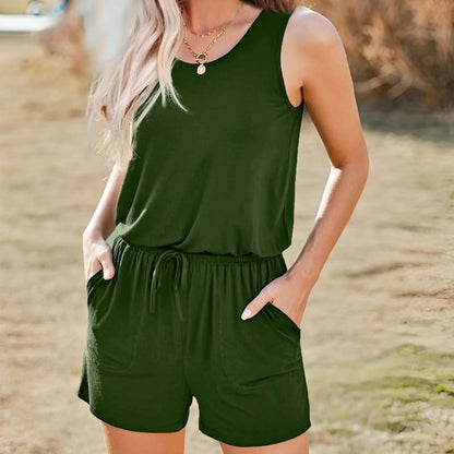 Women's Summer Sleeveless Romper Casual Scoop Neck Tank Short Jumpsuit with Pockets