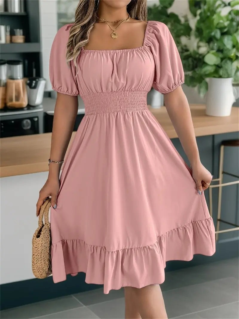 Solid Color Shirred Puff Sleeve A-Line Dress – Square Neck Ruffle Hem Summer Midi Dress for Women
