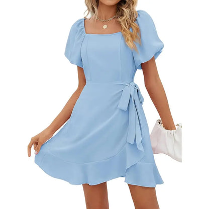 Women's Square Neck Puff Sleeve Summer Dress – Tie Waist Ruffle Hem Mini Dress for Casual, Vacation & Beach
