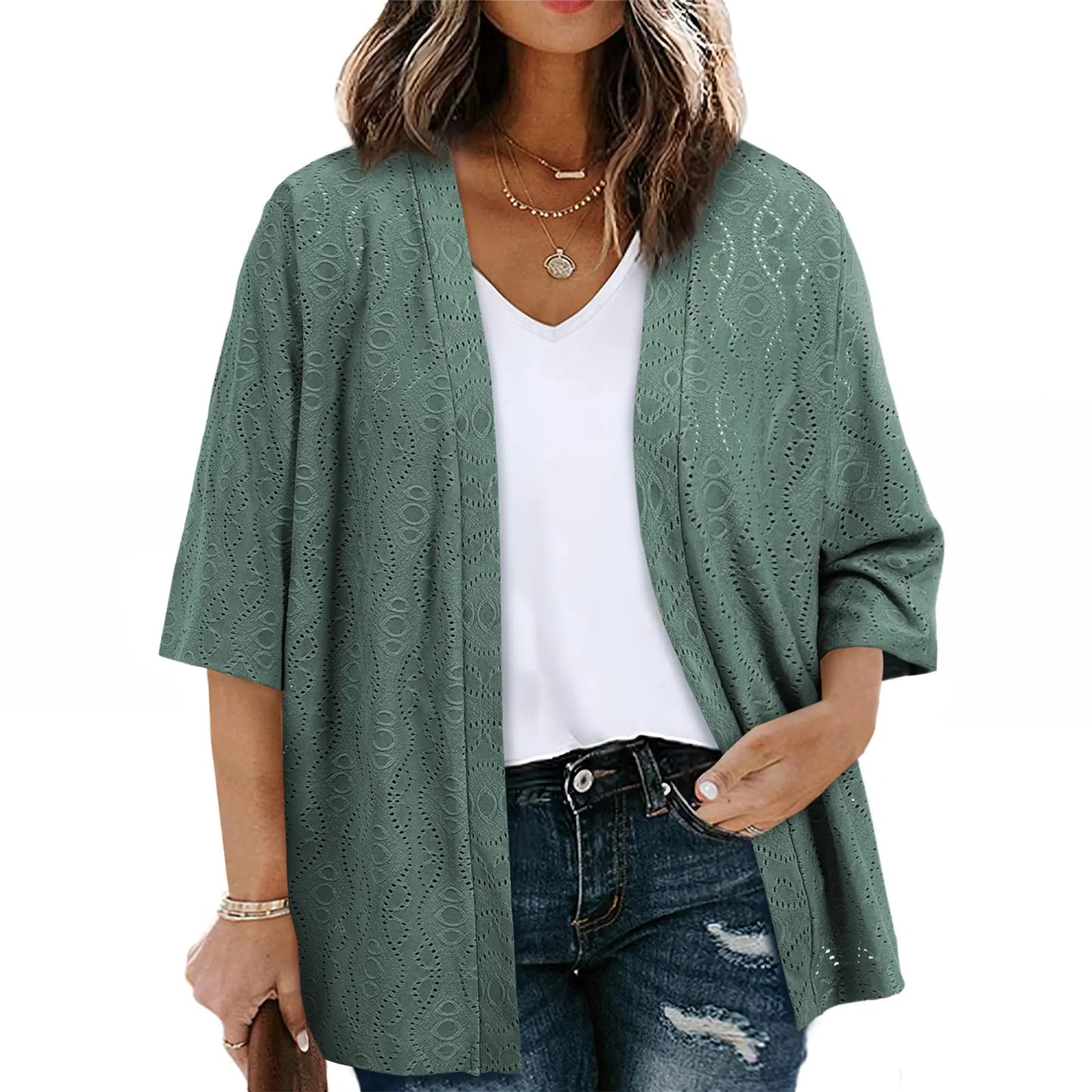 Women's Lightweight Crochet Kimono Cardigan – Open Front Half Sleeve Summer Beach Cover Up