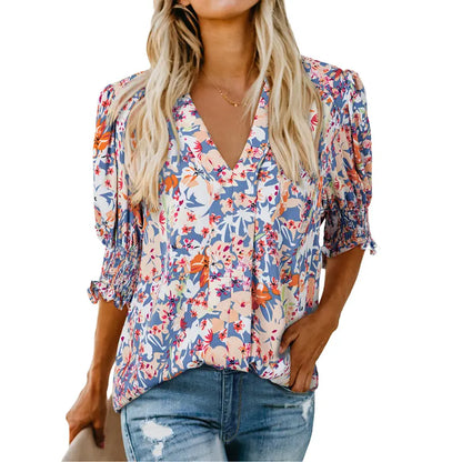 Women's Lightweight Floral Blouse – Cute V-Neck Ruffle Sleeve Summer Top