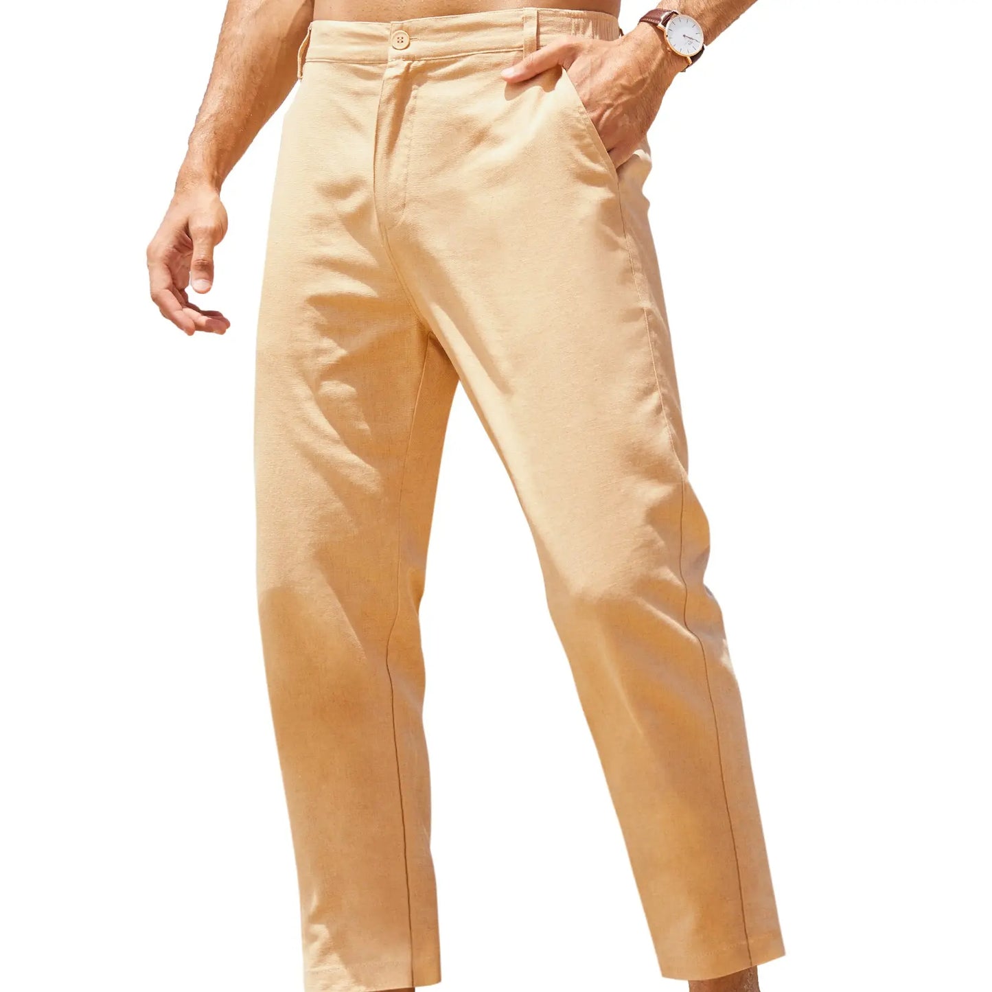 Men's Lightweight Cotton Linen Pants – Elastic Waist Slim Fit Casual Trousers with Pockets for Beach, Yoga & Everyday Wear