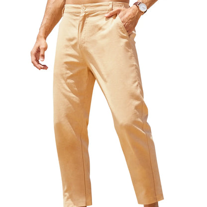 Men's Lightweight Cotton Linen Pants – Elastic Waist Slim Fit Casual Trousers with Pockets for Beach, Yoga & Everyday Wear