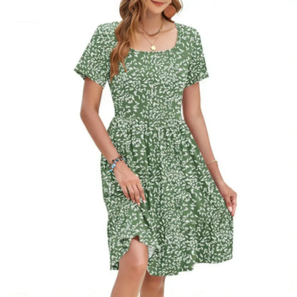 🔥Women Square Neck Floral Dress Ruffle Empire Waist A-Line Sundress with Pockets