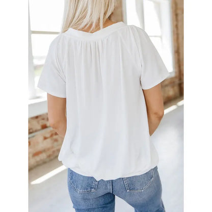 Women's Casual V Neck Short Sleeve Top – Soft Loose Fit Pleated Summer Tee
