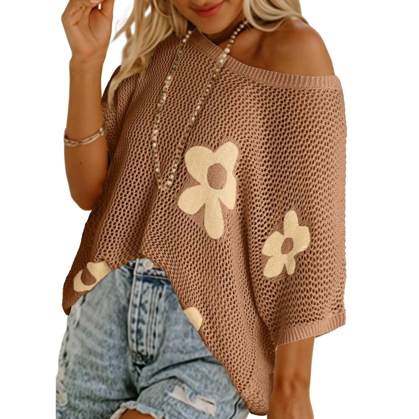 Women's Lightweight Crochet Sweater Floral Knit Summer Top Short Sleeve Beach Cover Up Casual Loose Pullover