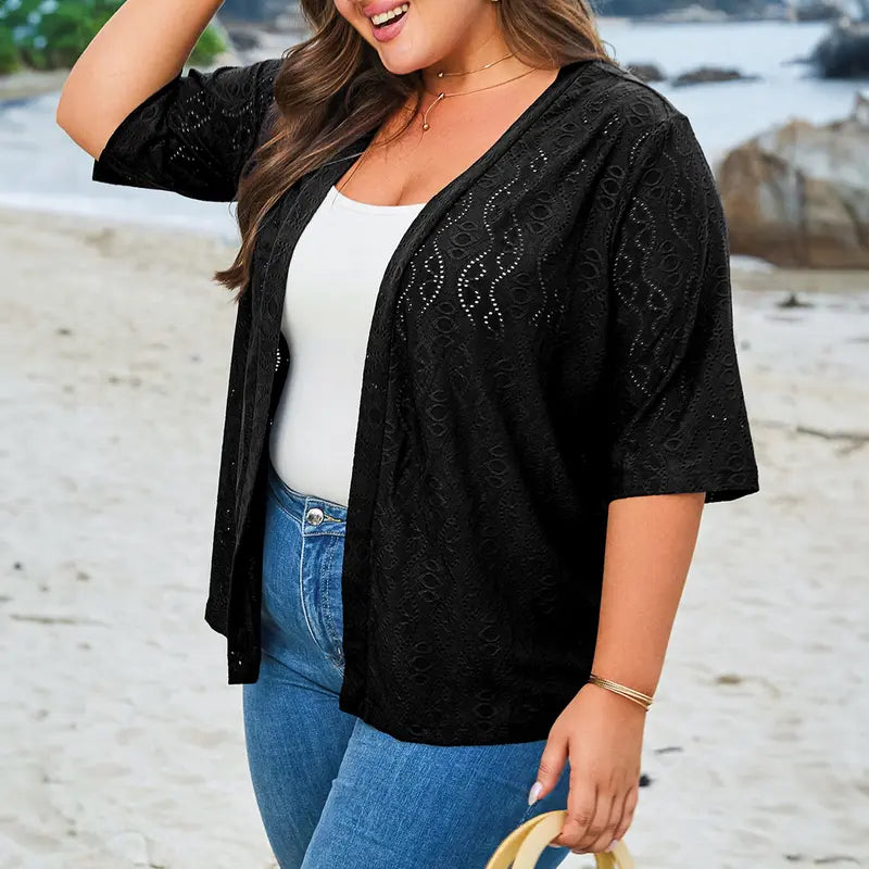 Women's Lightweight Crochet Kimono Cardigan – Open Front Half Sleeve Summer Beach Cover Up