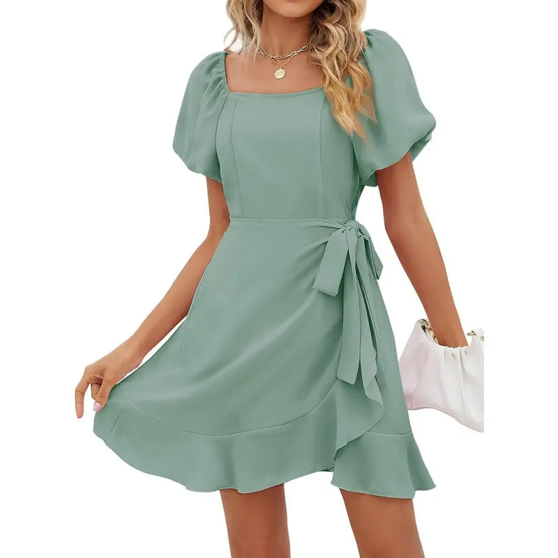 Women's Square Neck Puff Sleeve Summer Dress – Tie Waist Ruffle Hem Mini Dress for Casual, Vacation & Beach
