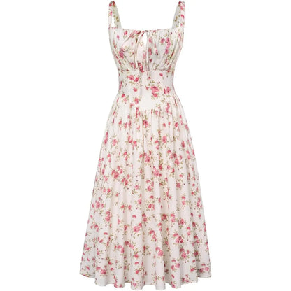Women's Strappy Sleeveless Milkmaid Corset Flowy Midi Sundress - Floral Casual Wear