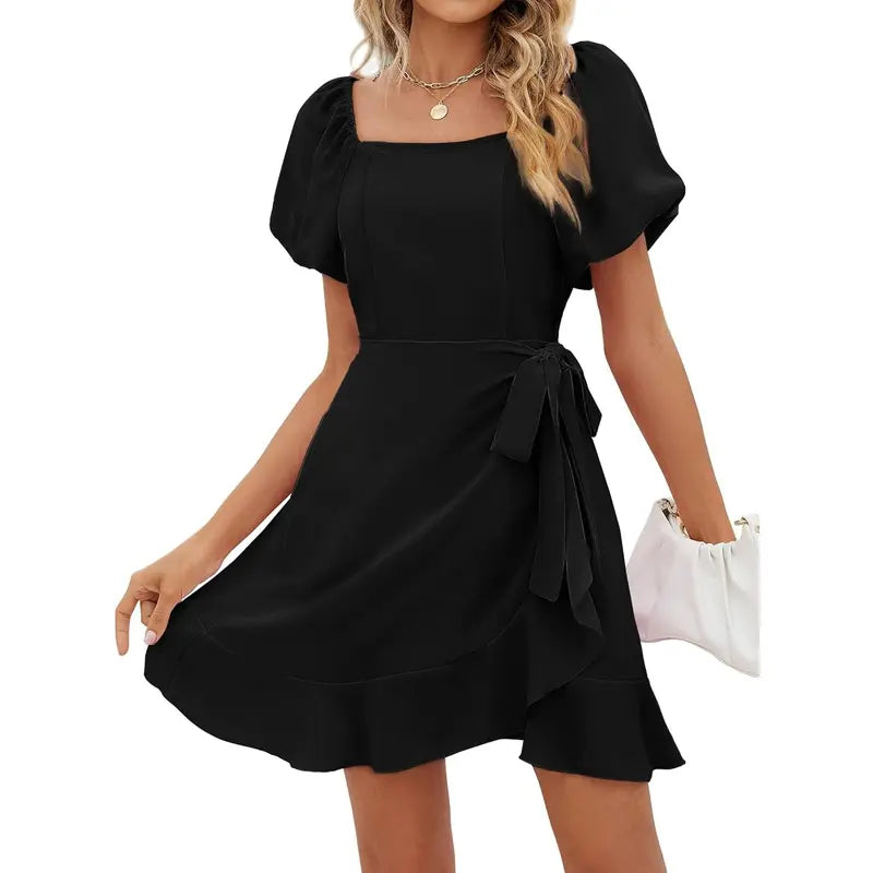 Women's Square Neck Puff Sleeve Summer Dress – Tie Waist Ruffle Hem Mini Dress for Casual, Vacation & Beach