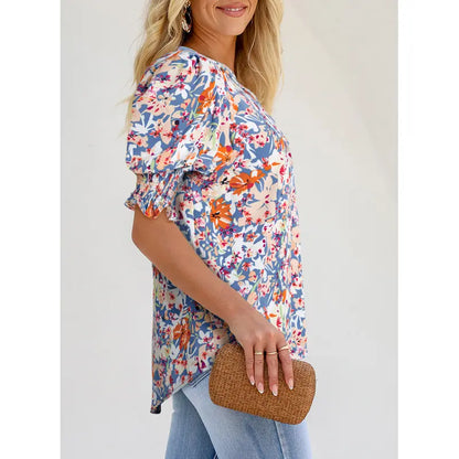 Women's Lightweight Floral Blouse – Cute V-Neck Ruffle Sleeve Summer Top
