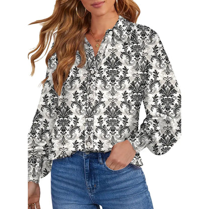 Women's Floral Chiffon Button Down Blouse – V Neck Long Sleeve Casual Boho Shirt