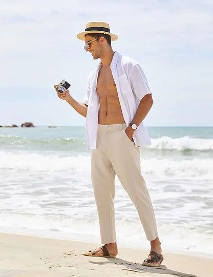 Men's Lightweight Cotton Linen Pants – Elastic Waist Slim Fit Casual Trousers with Pockets for Beach, Yoga & Everyday Wear