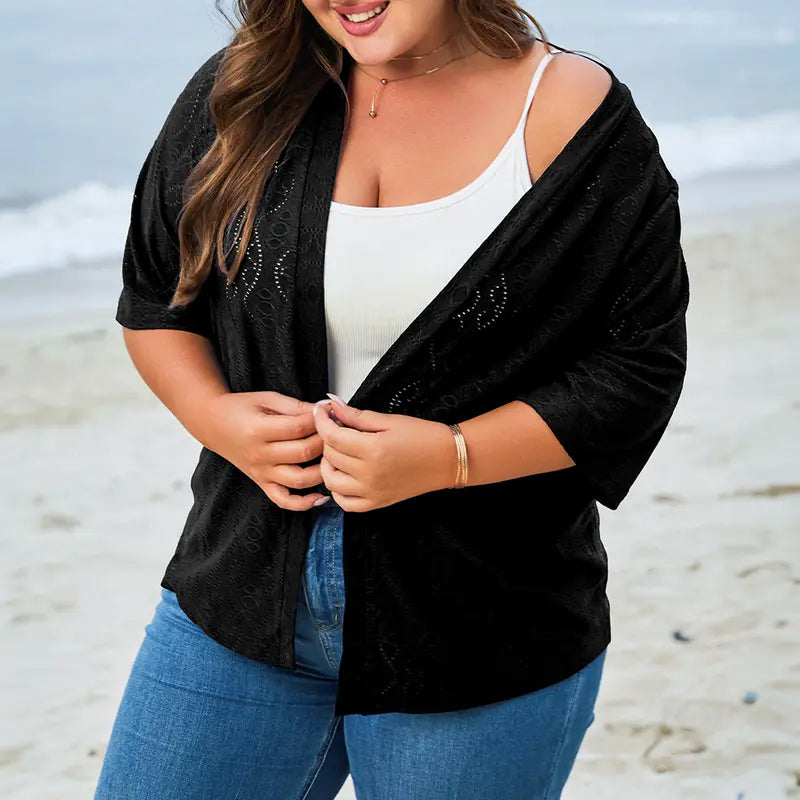 Women's Lightweight Crochet Kimono Cardigan – Open Front Half Sleeve Summer Beach Cover Up
