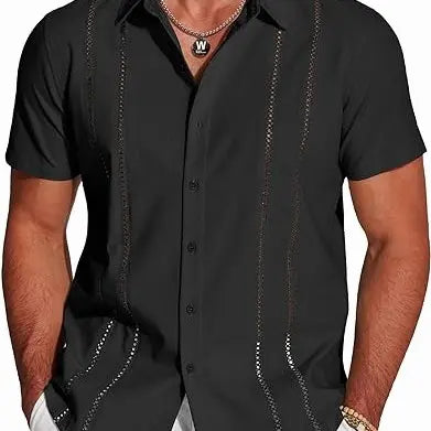 Men's Cuban Guayabera Shirt, Short Sleeve Linen Blend Button Down Summer Shirt, Lightweight Breathable Casual Beach & Vacation Wear