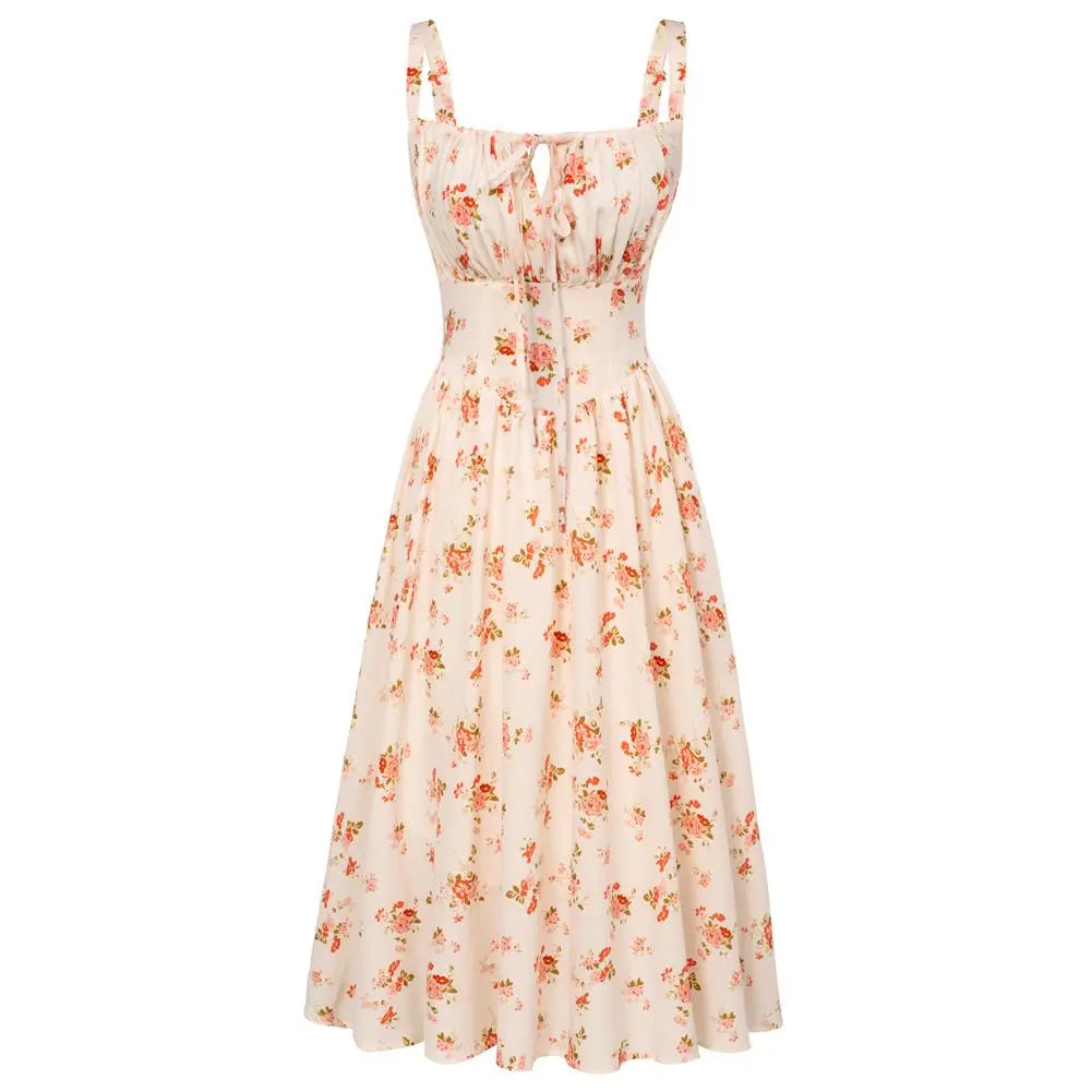 Women's Strappy Sleeveless Milkmaid Corset Flowy Midi Sundress - Floral Casual Wear