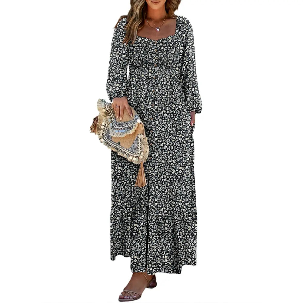 Women's Boho Floral Maxi Dress – Smocked Square Neck Long Sleeve Vacation Dress