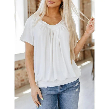 Women's Casual V Neck Short Sleeve Top – Soft Loose Fit Pleated Summer Tee
