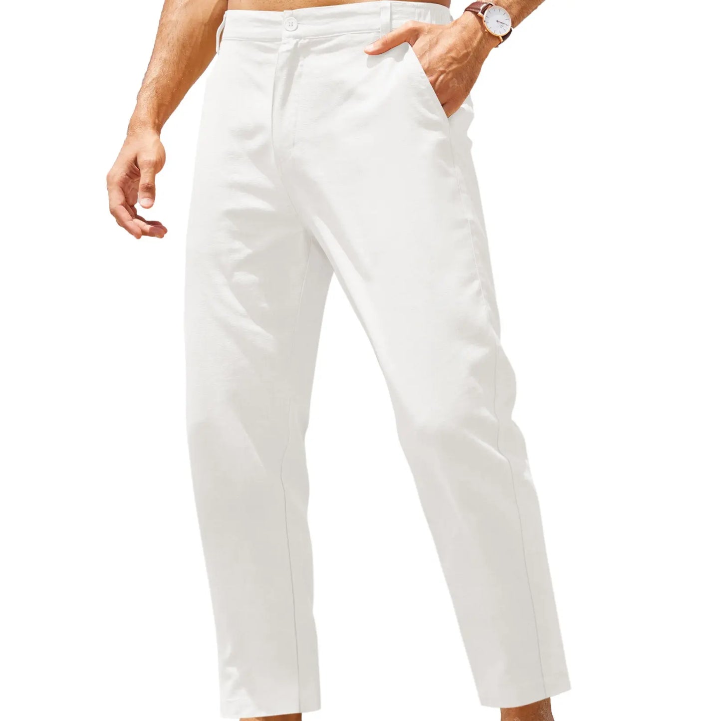 Men's Lightweight Cotton Linen Pants – Elastic Waist Slim Fit Casual Trousers with Pockets for Beach, Yoga & Everyday Wear