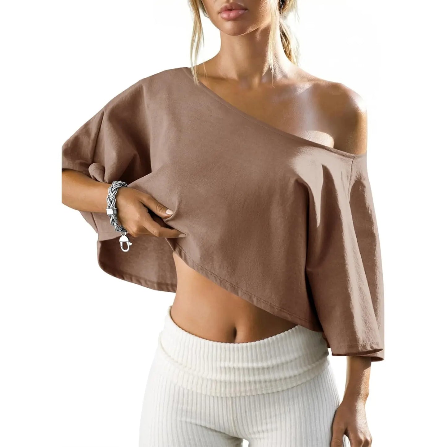 Women's Cotton Off-Shoulder Crop Top – Loose Batwing Sleeve Asymmetrical Neck Casual Tee for Summer, Lounge & Everyday Wear