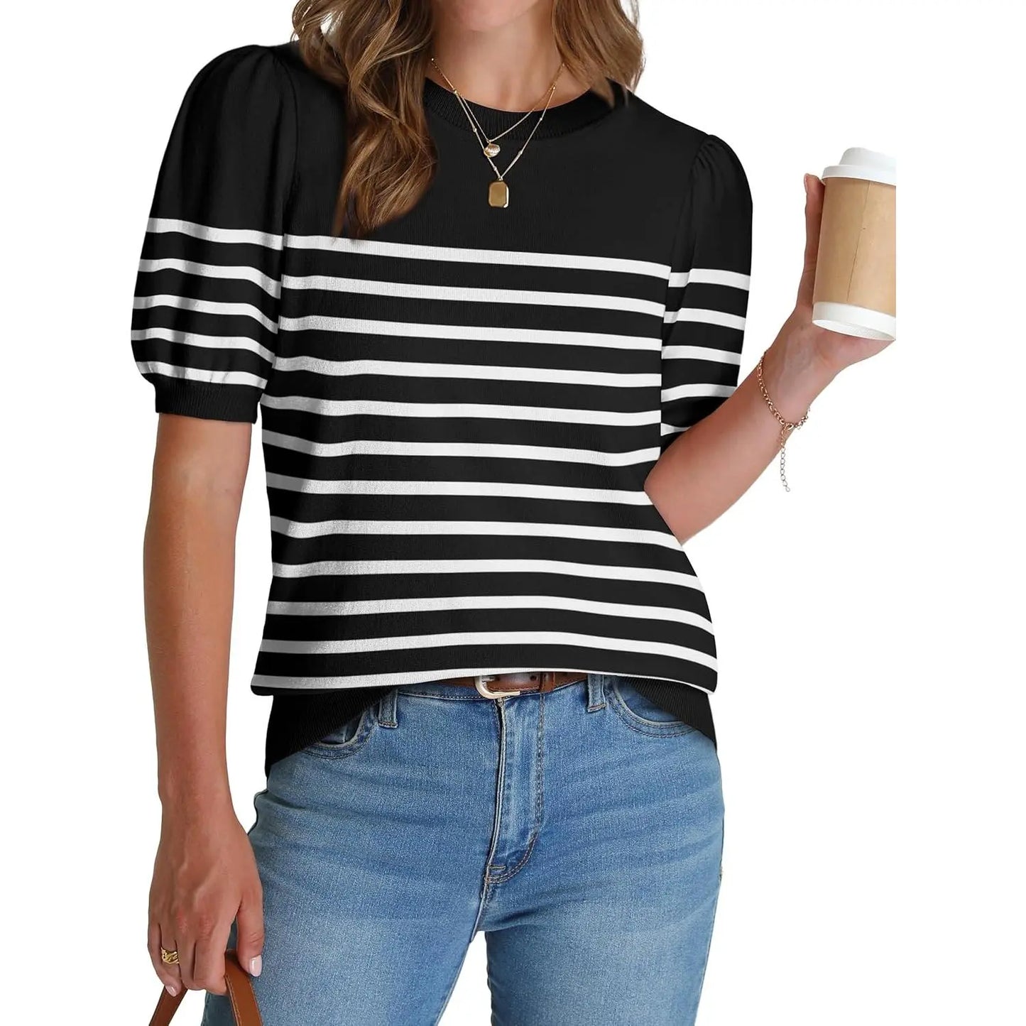 Women's Lightweight Puff Sleeve Knit Top – Soft Spring Summer Sweater, Business Casual Pullover Shirt
